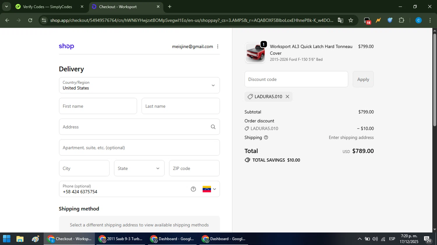 Worksport discount code screenshot showing code LADURA5.010 applied at Worksport checkout page. Uploaded by SimplyCodes community member NobleFox488 on Dec 17, 2025