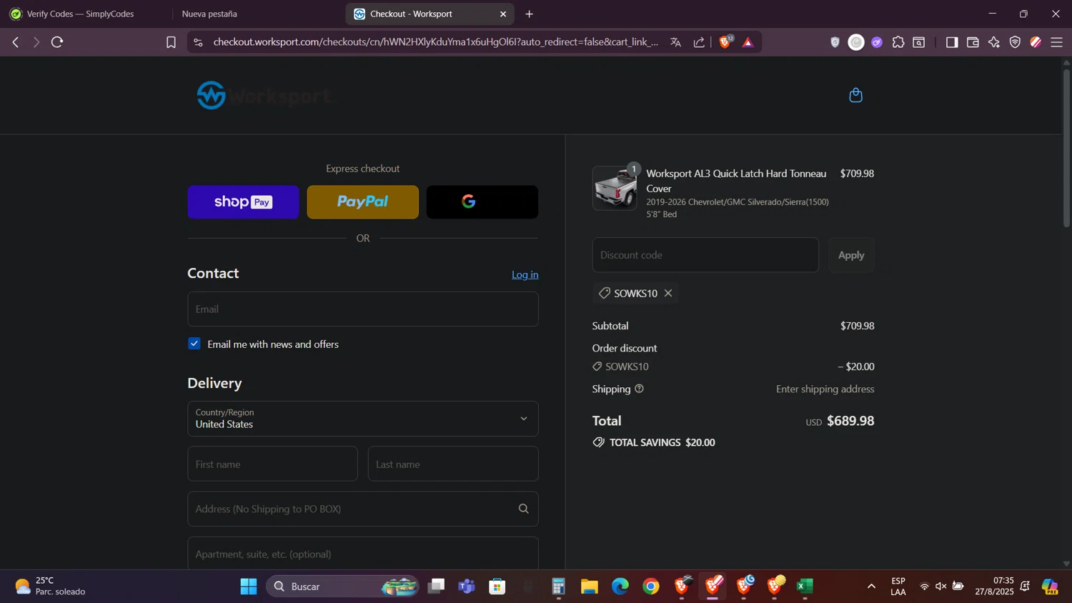 Worksport discount code screenshot showing code SOWKS10 applied at Worksport checkout page. Uploaded by SimplyCodes community member FortunateRanger1171 on Aug 27, 2025