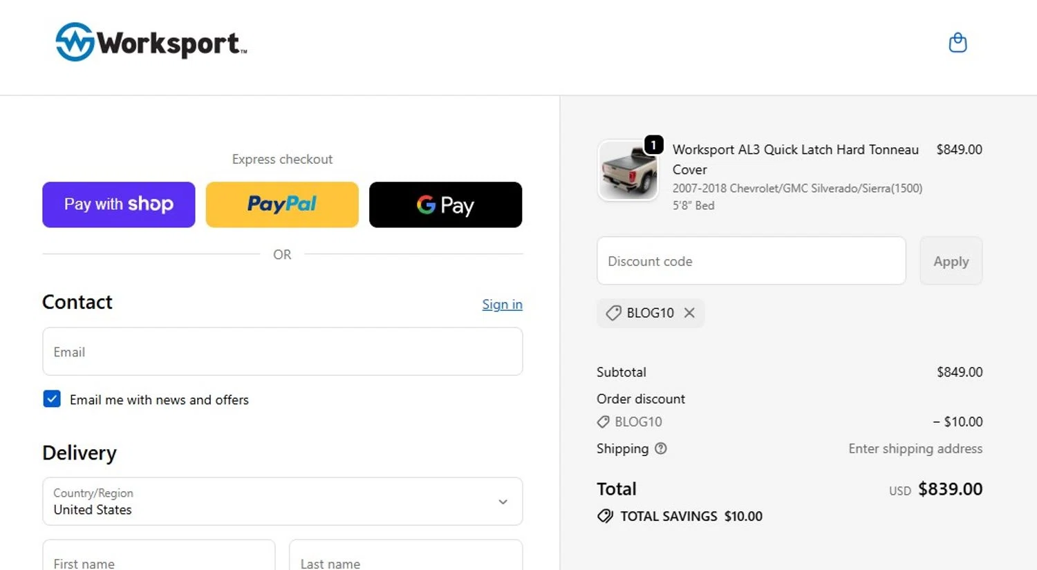 Worksport promo code screenshot showing code BLOG10 applied at Worksport checkout page. Uploaded by SimplyCodes community member Honoriocolmenarez on Jan 11, 2026