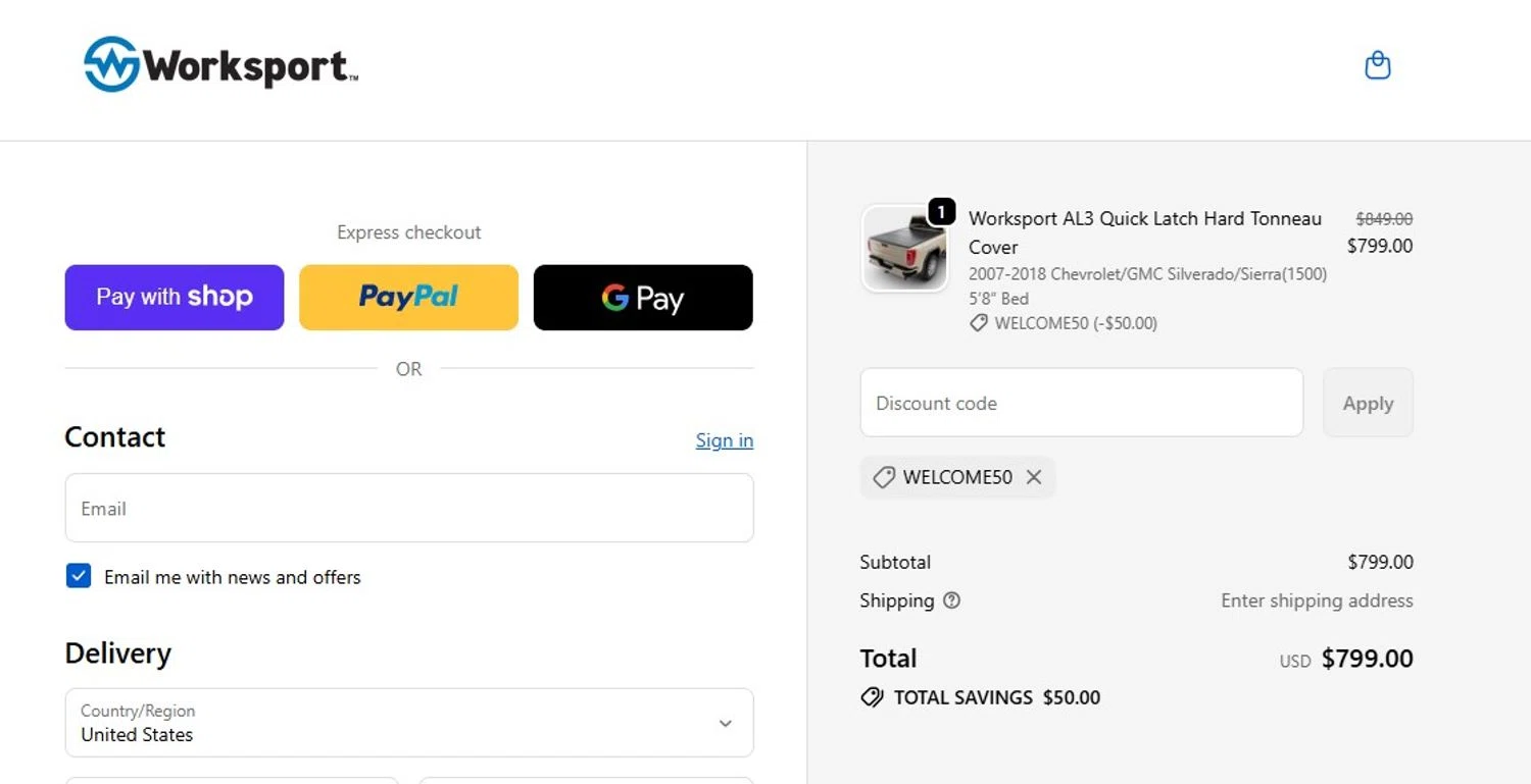 Worksport discount code screenshot showing code Welcome50 applied at Worksport checkout page. Uploaded by SimplyCodes community member Honoriocolmenarez on Jan 11, 2026