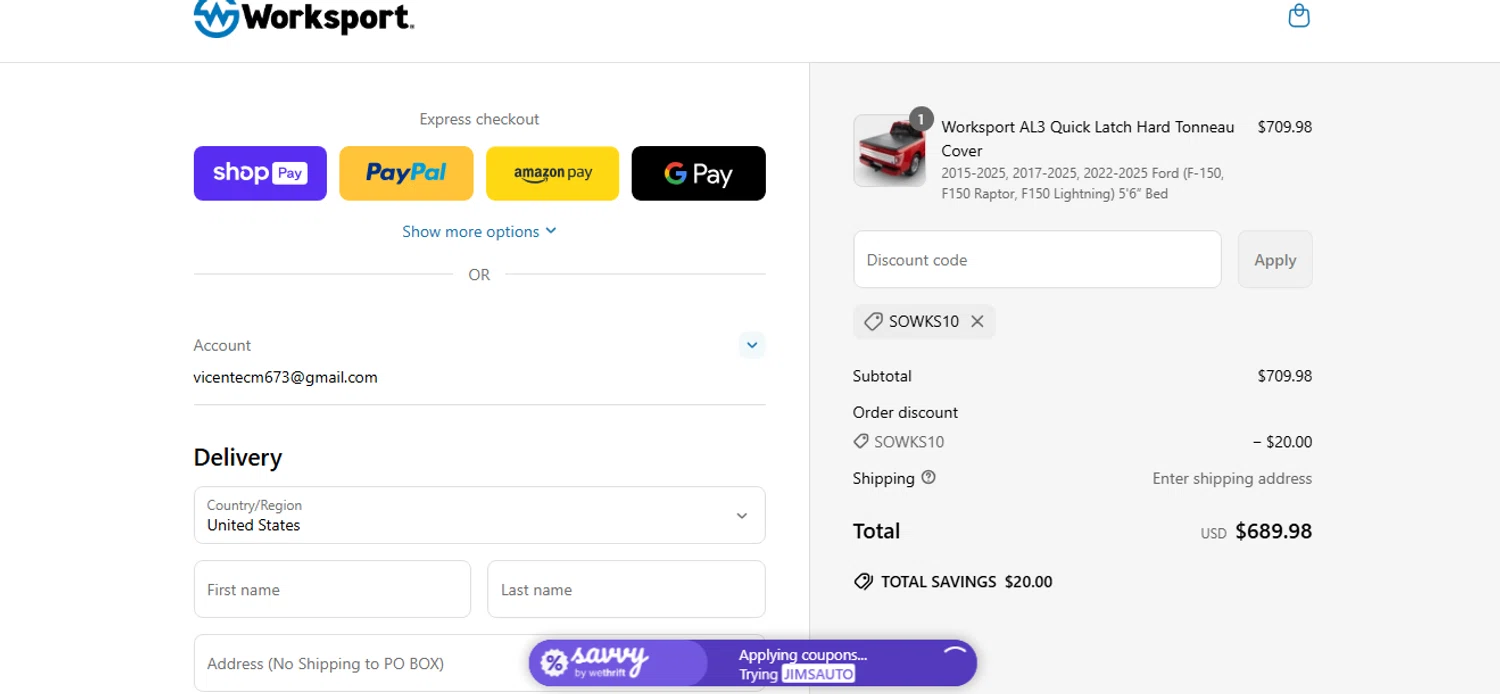 Worksport discount code screenshot showing code SOWKS10 applied at Worksport checkout page. Uploaded by SimplyCodes community member KarinaHZ on Jun 28, 2025