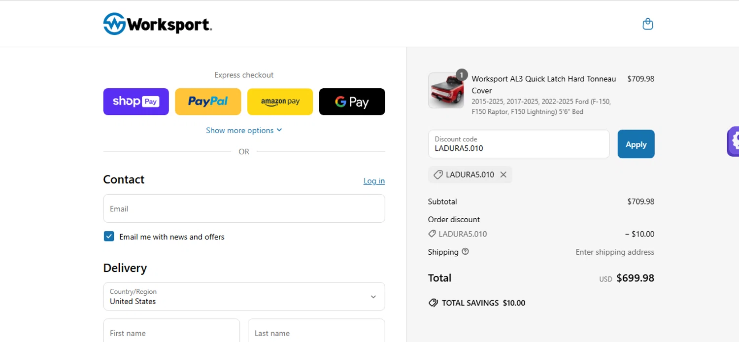 Worksport discount code screenshot showing code LADURA5.010 applied at Worksport checkout page. Uploaded by SimplyCodes community member shark12 on Jun 28, 2025