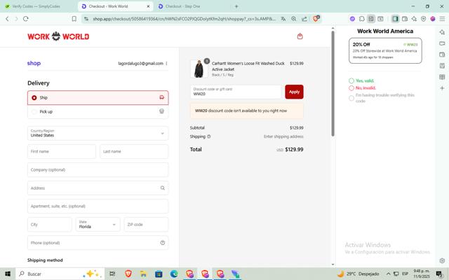 Work World America checkout page showing Work World America promo code box | Screenshot taken by SimplyCodes community member on Sep 12, 2025