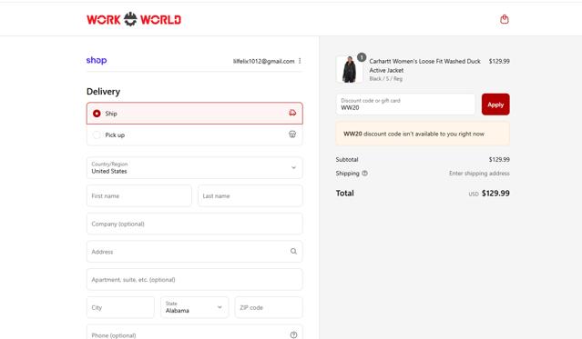 Work World America checkout page showing Work World America promo code box | Screenshot taken by SimplyCodes community member on Sep 9, 2025