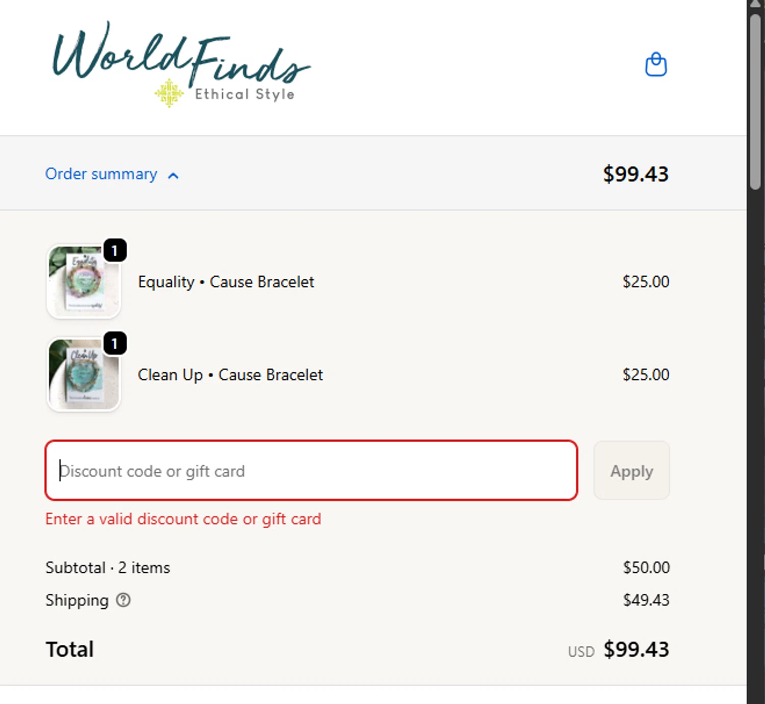 WorldFinds promo code screenshot showing code LOVEU20 applied at WorldFinds checkout page. Uploaded by SimplyCodes community member Guacamole_Picante on Feb 18, 2026
