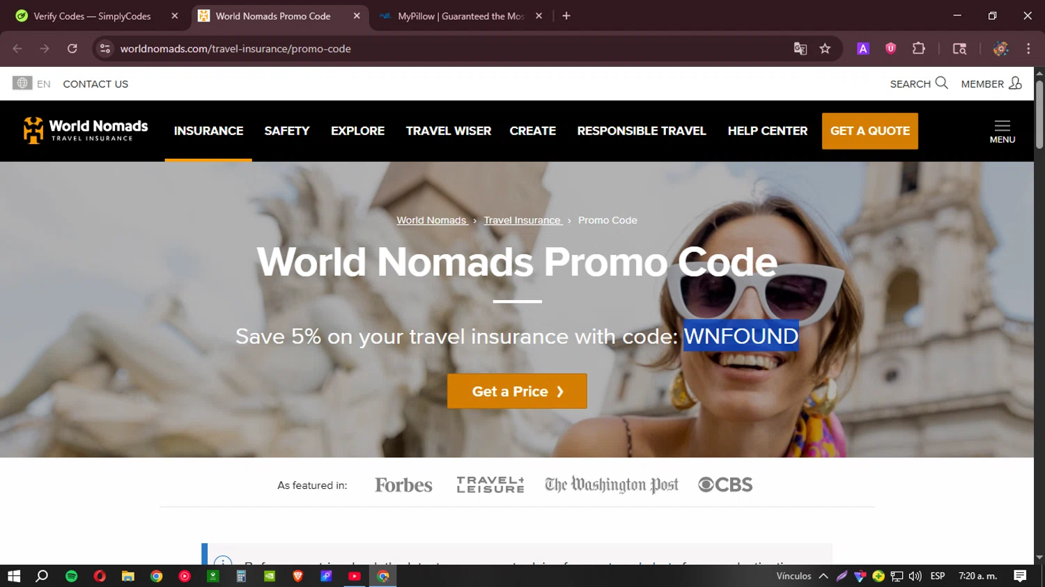 World Nomads discount code screenshot showing code WNFOUND applied at World Nomads checkout page. Uploaded by SimplyCodes community member BudgetHunter9184 on Aug 17, 2025