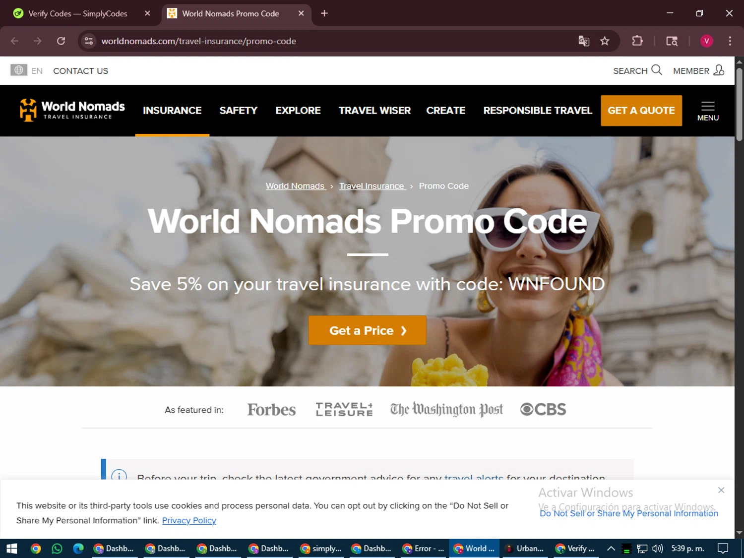 World Nomads discount code screenshot showing code WNFOUND applied at World Nomads checkout page. Uploaded by SimplyCodes community member ShieldEagle6102 on Jul 31, 2025