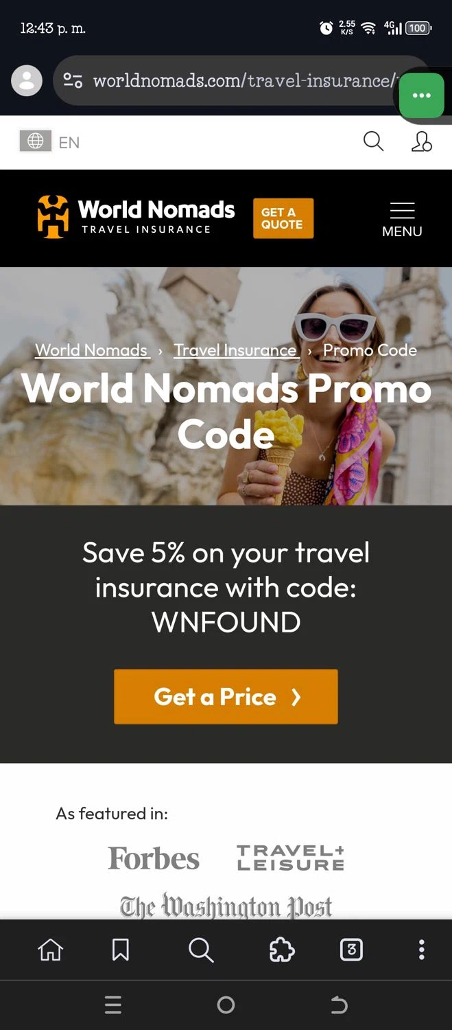 World Nomads discount code screenshot showing code WNFOUND applied at World Nomads checkout page. Uploaded by SimplyCodes community member VillaloboY on Nov 18, 2025