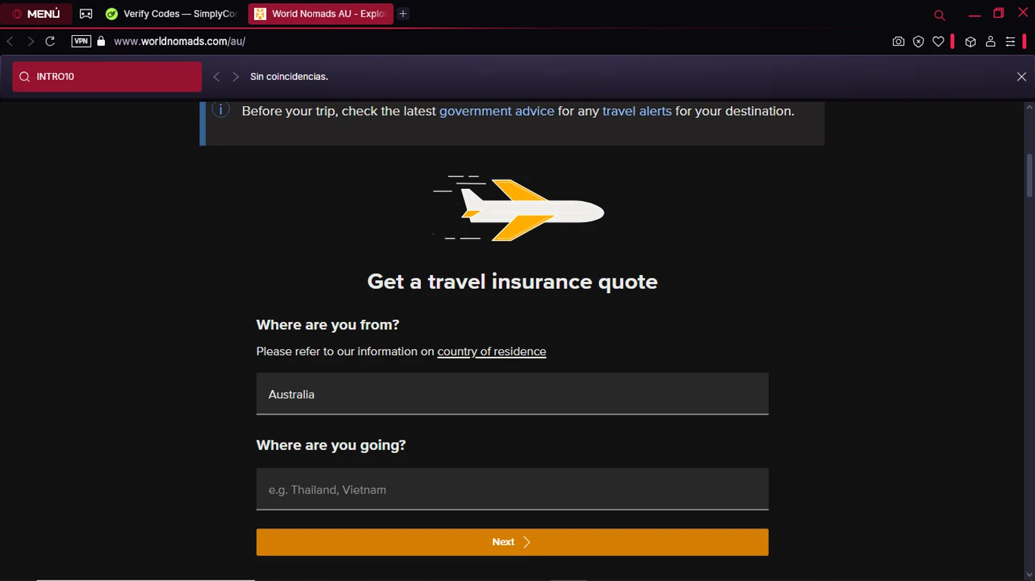 World Nomads discount code screenshot showing code INTRO10 applied at World Nomads checkout page. Uploaded by SimplyCodes community member KeiJJ18 on Mar 11, 2025