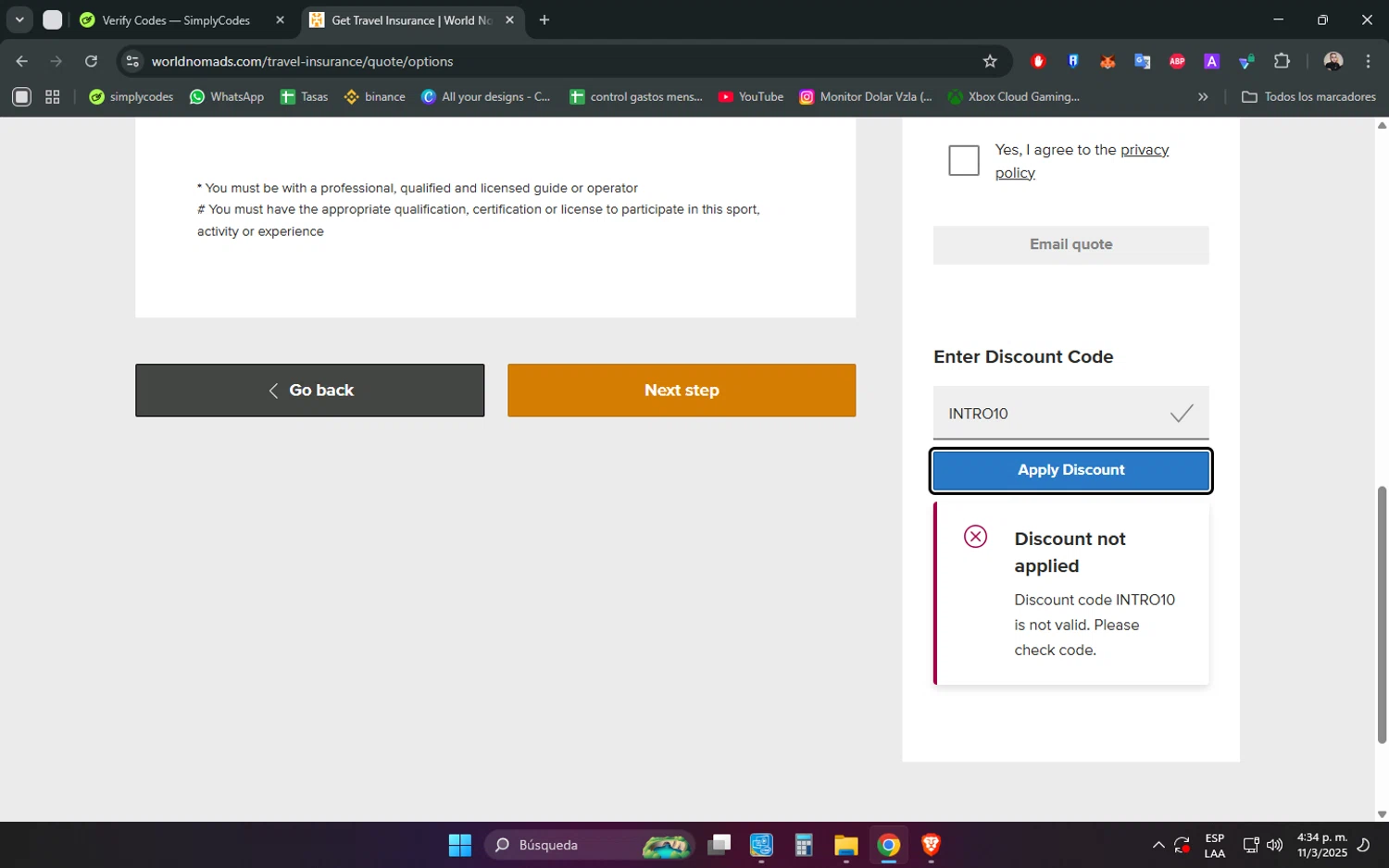 World Nomads discount code screenshot showing code INTRO10 applied at World Nomads checkout page. Uploaded by SimplyCodes community member ScanPhoenix352 on Mar 11, 2025
