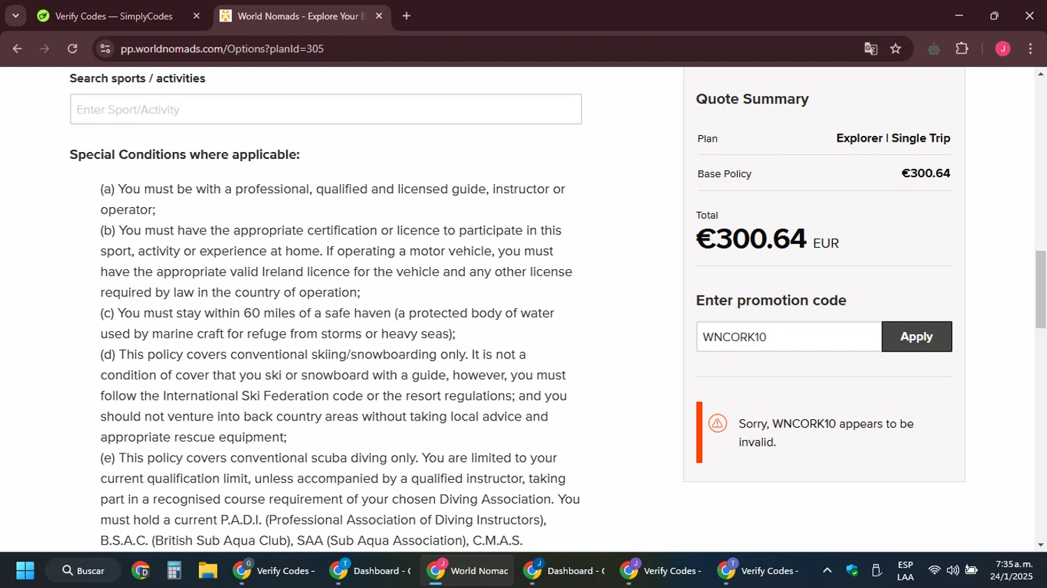 World Nomads discount code screenshot showing code WNCORK10 applied at World Nomads checkout page. Uploaded by SimplyCodes community member JackWilson63 on Jan 24, 2025