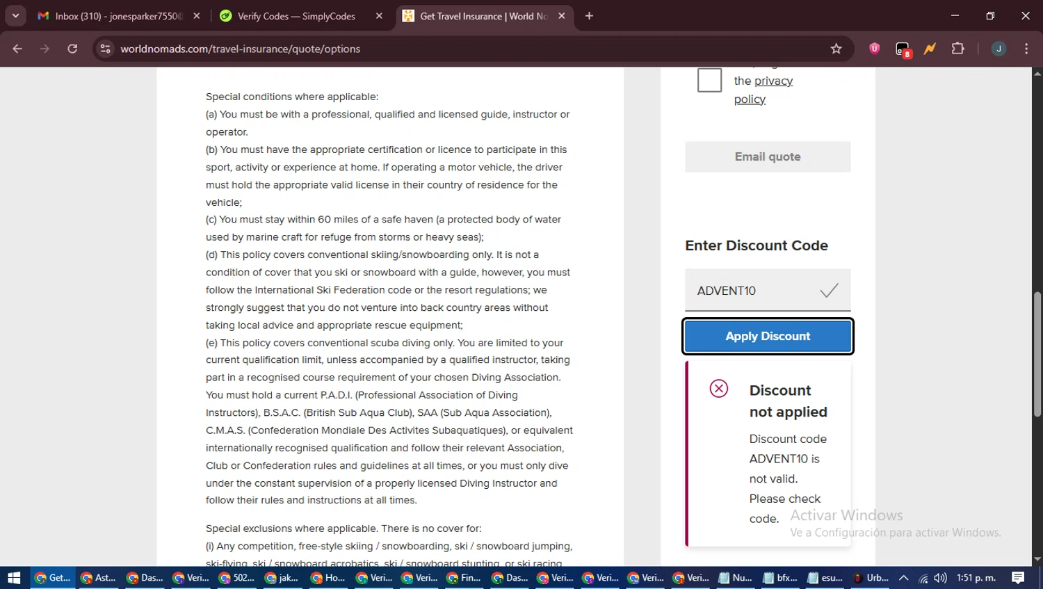 World Nomads discount code screenshot showing code Advent10 applied at World Nomads checkout page. Uploaded by SimplyCodes community member ScanLynx8928 on Jul 10, 2025
