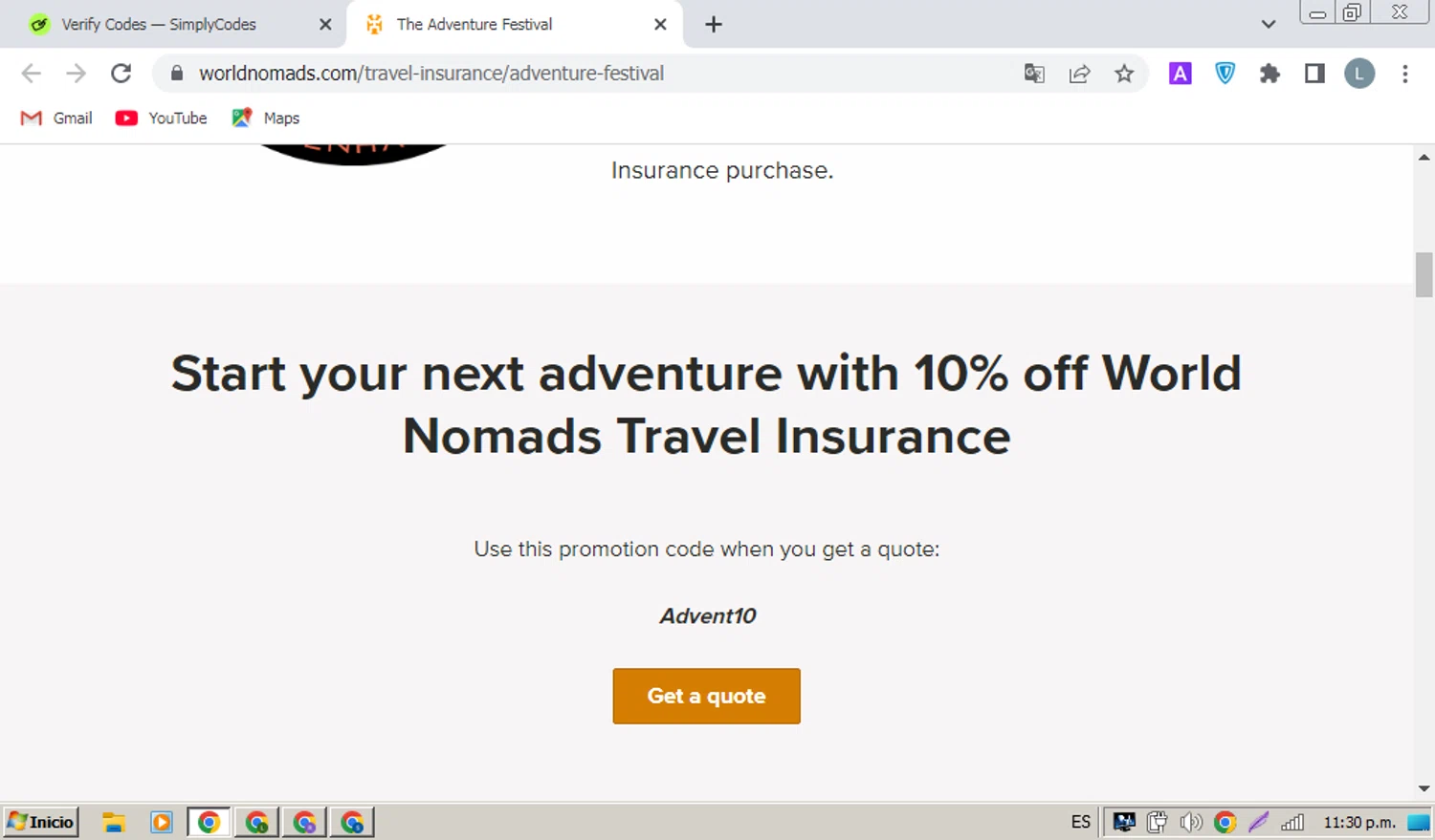 World Nomads discount code screenshot showing code Advent10 applied at World Nomads checkout page. Uploaded by SimplyCodes community member coder_luis on Jun 24, 2025
