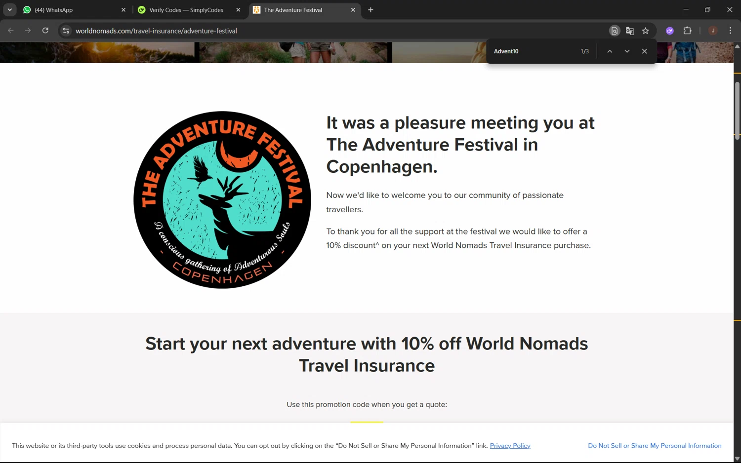 World Nomads discount code screenshot showing code Advent10 applied at World Nomads checkout page. Uploaded by SimplyCodes community member juanx1702 on May 28, 2025