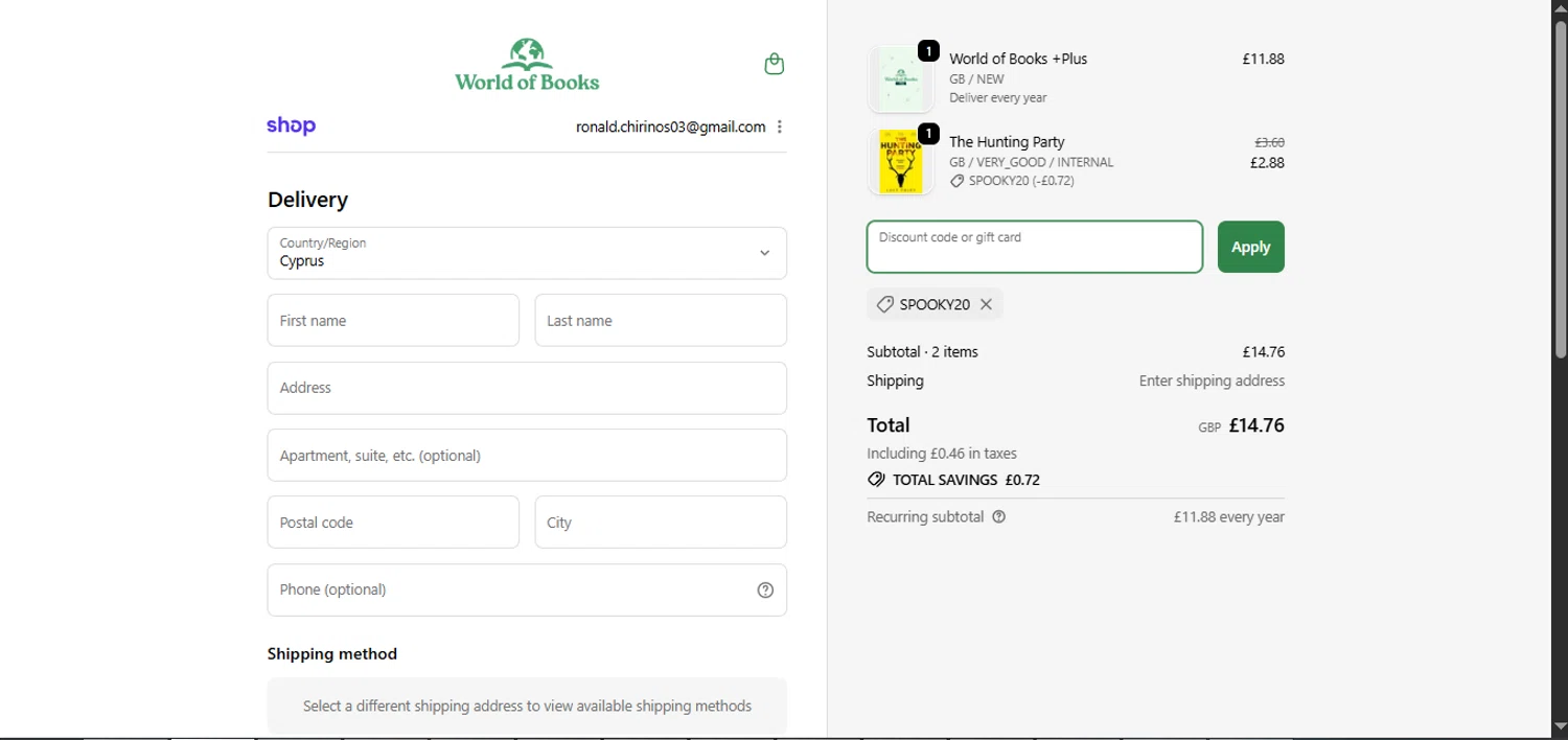 World of Books.com checkout page showing World of Books.com discount code box | Screenshot taken by SimplyCodes community member on Jan 24, 2026