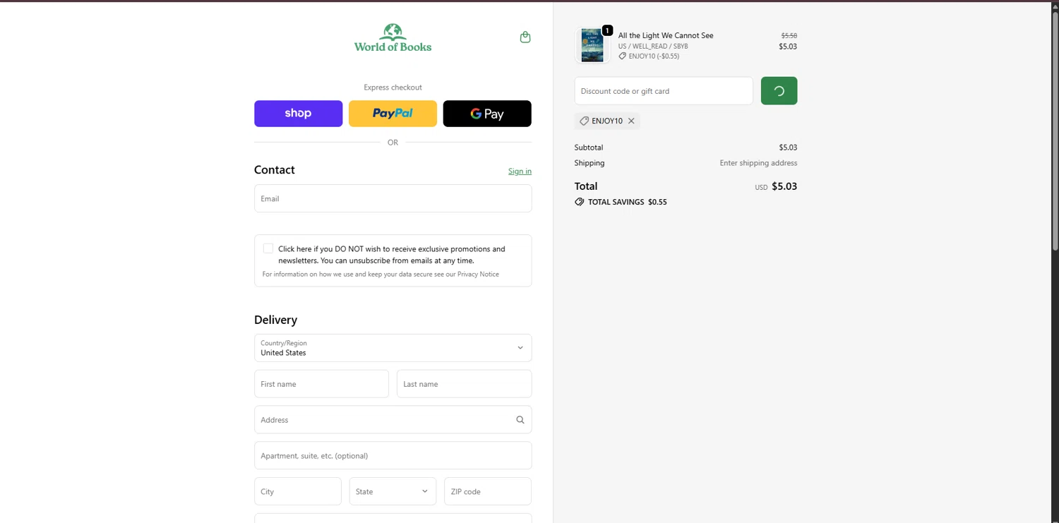 World of Books.com discount code screenshot showing code ENJOY10 applied at World of Books.com checkout page. Uploaded by SimplyCodes community member FortunateSeeker4672 on Jan 27, 2026