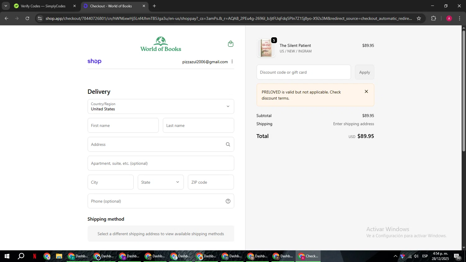 World of Books.com discount code screenshot showing code PRELOVED applied at World of Books.com checkout page. Uploaded by SimplyCodes community member BMWGS1200 on Dec 28, 2025