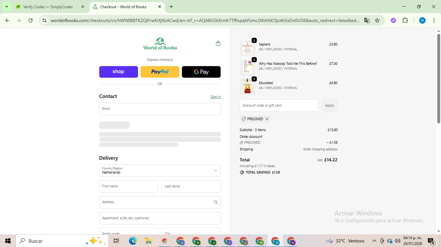 World of Books.com checkout page showing World of Books.com discount code box | Screenshot taken by SimplyCodes community member on Jan 29, 2026