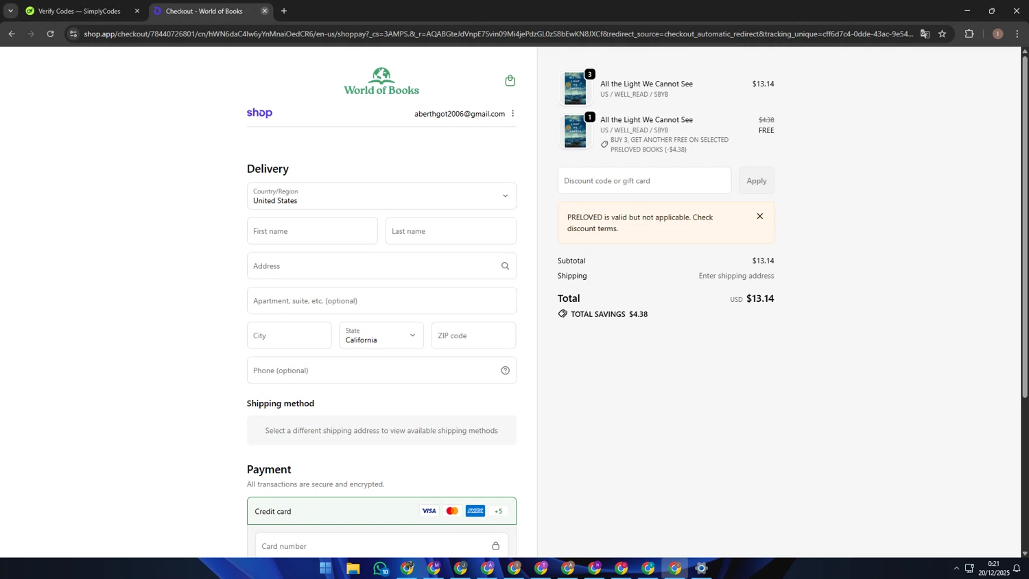 World of Books.com discount code screenshot showing code PRELOVED applied at World of Books.com checkout page. Uploaded by SimplyCodes community member pequenokalvin5 on Dec 20, 2025
