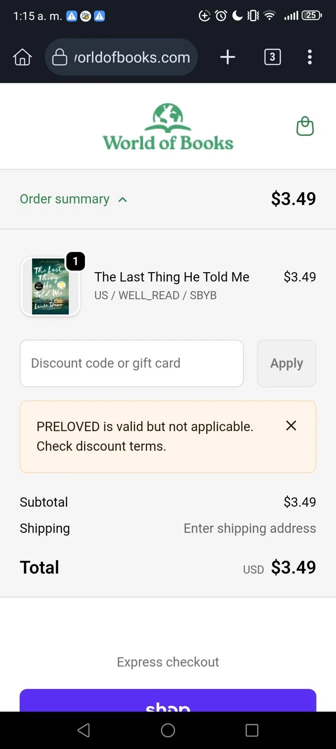 World of Books.com discount code screenshot showing code PRELOVED applied at World of Books.com checkout page. Uploaded by SimplyCodes community member George09 on Dec 20, 2025