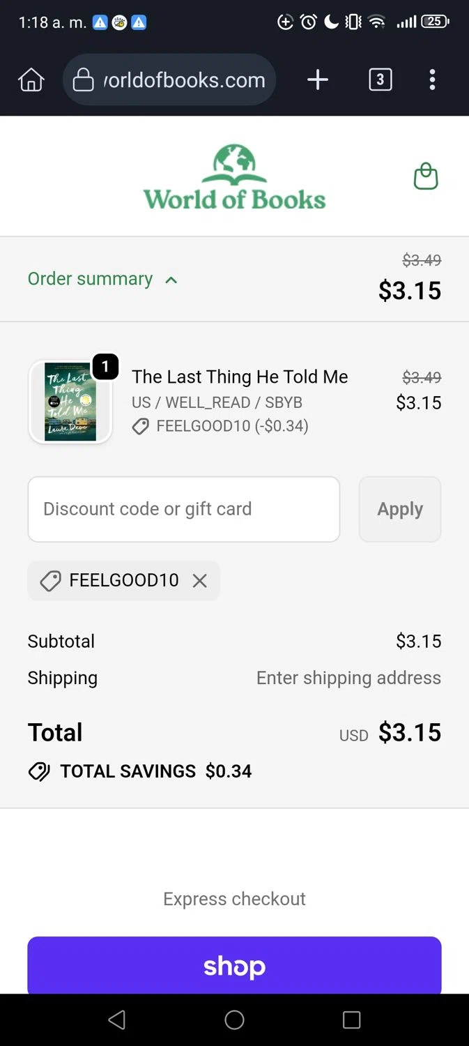 World of Books.com discount code screenshot showing code FEELGOOD10 applied at World of Books.com checkout page. Uploaded by SimplyCodes community member Vivachavez on Dec 20, 2025