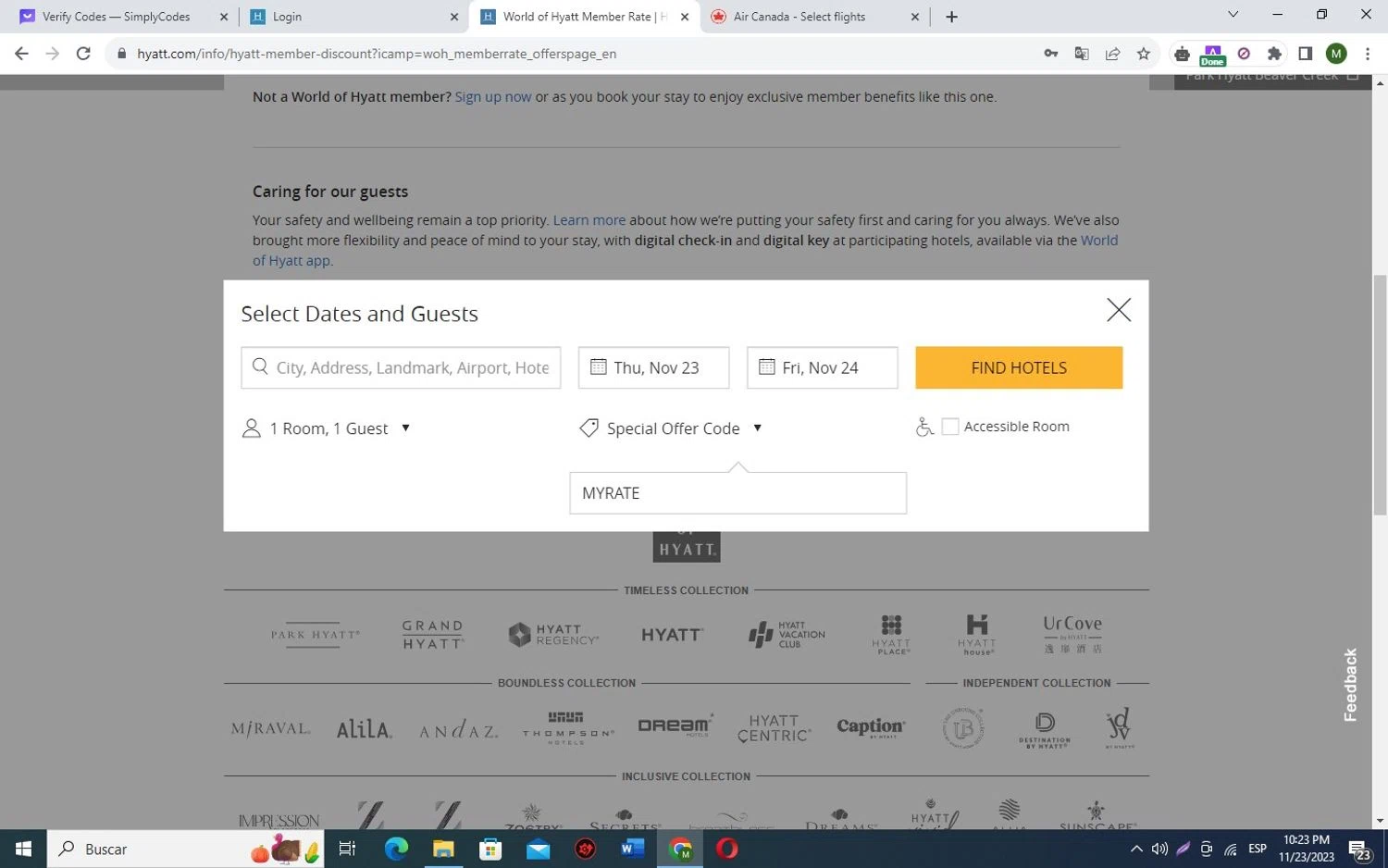 World of Hyatt checkout page showing World of Hyatt promo code box | Screenshot taken by SimplyCodes community member on Nov 24, 2023
