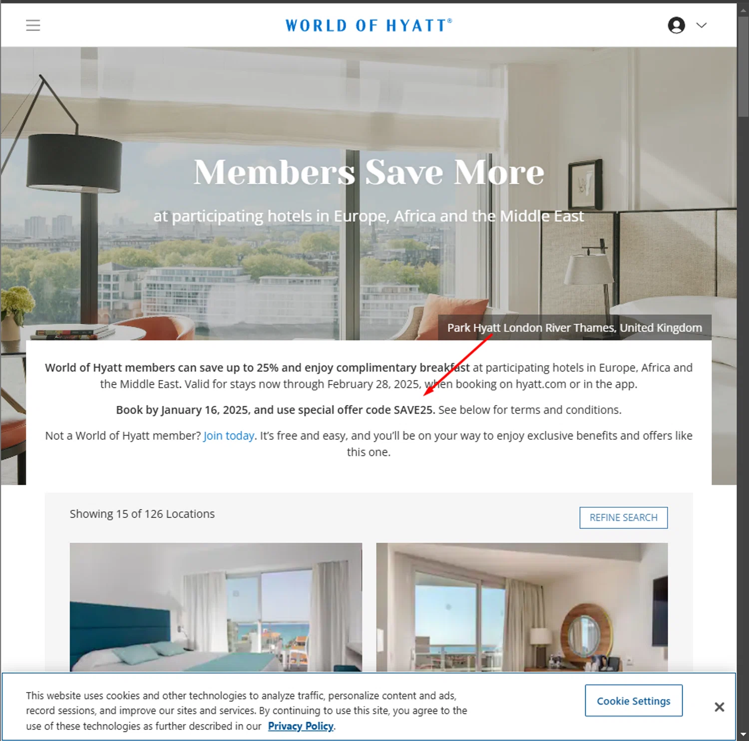 World of Hyatt promo code screenshot showing code SAVE25 applied at World of Hyatt checkout page. Uploaded by SimplyCodes community member PillarsofCreation on Jan 10, 2025