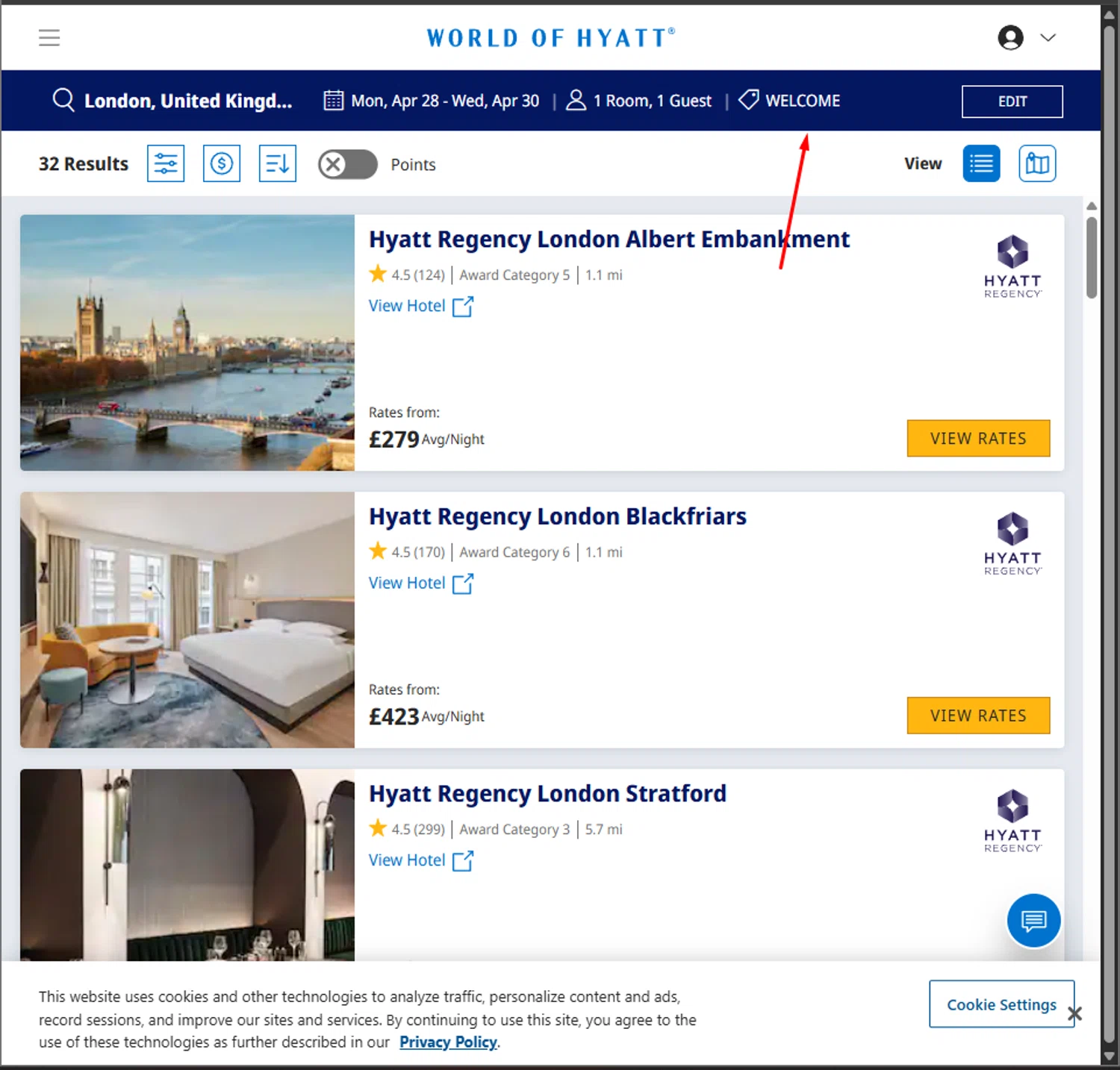 World of Hyatt promo code screenshot showing code WELCOME applied at World of Hyatt checkout page. Uploaded by SimplyCodes community member PillarsofCreation on Apr 25, 2025