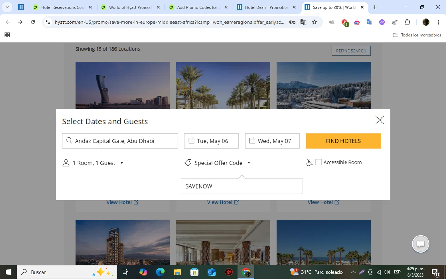 World of Hyatt promo code screenshot showing code SAVENOW applied at World of Hyatt checkout page. Uploaded by SimplyCodes community member jorvitjose on May 6, 2025