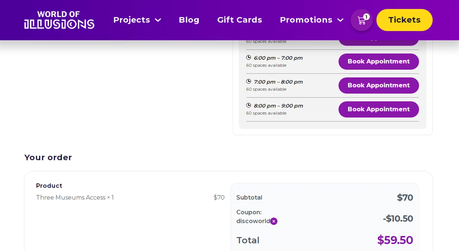 World of Illusions promo code screenshot showing code DISCOWORLD applied at World of Illusions checkout page. Uploaded by SimplyCodes community member Ronald13 on Nov 8, 2025