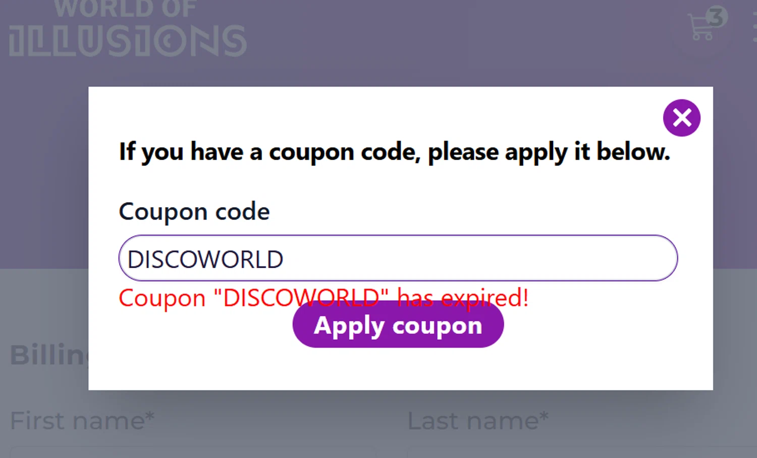 World of Illusions promo code screenshot showing code DISCOWORLD applied at World of Illusions checkout page. Uploaded by SimplyCodes community member paola49520 on Feb 1, 2026