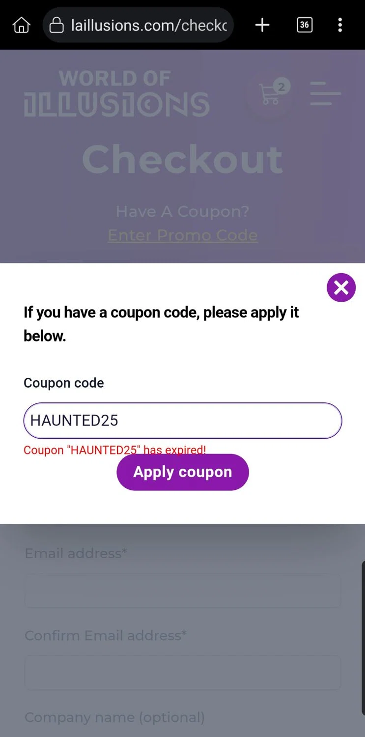World of Illusions promo code screenshot showing code HAUNTED25 applied at World of Illusions checkout page. Uploaded by SimplyCodes community member Carloslvz on Nov 1, 2025