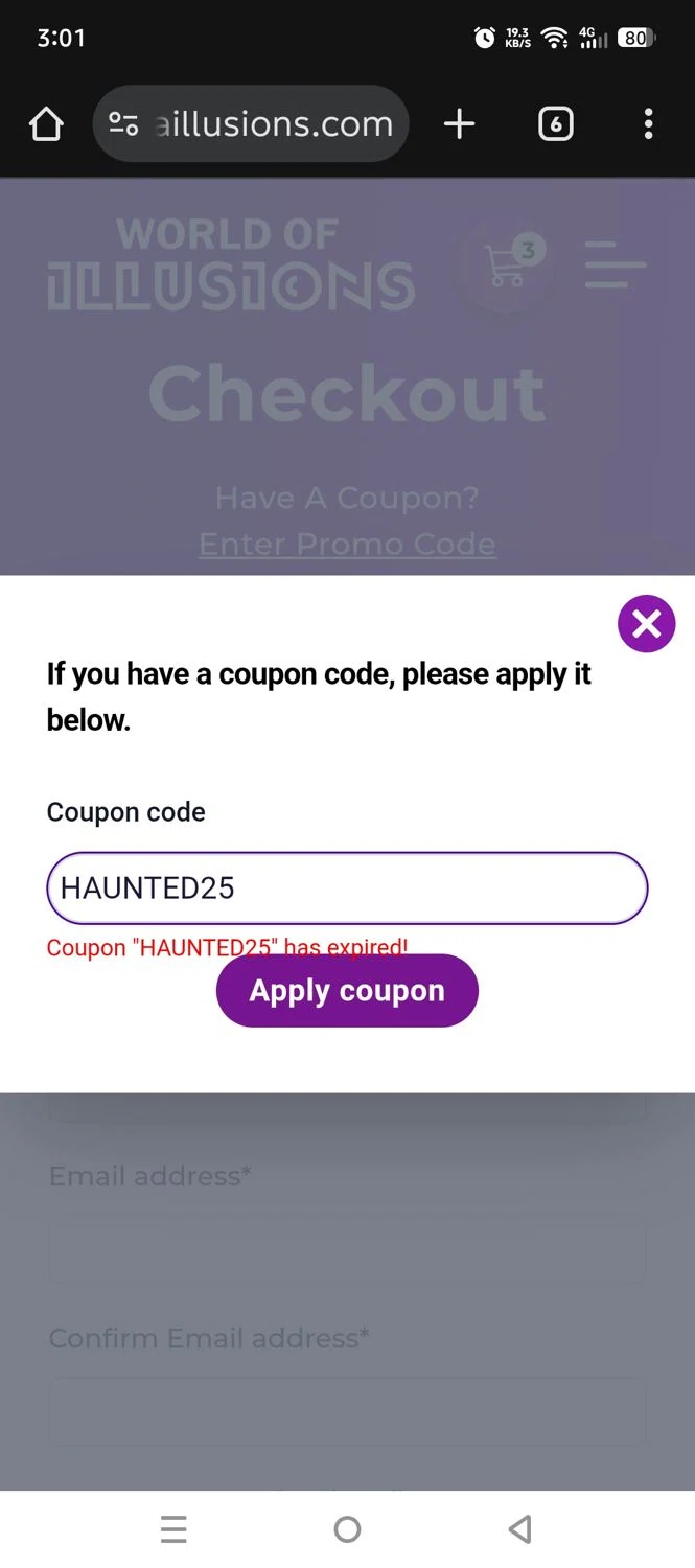 World of Illusions promo code screenshot showing code HAUNTED25 applied at World of Illusions checkout page. Uploaded by SimplyCodes community member larenacida on Nov 1, 2025