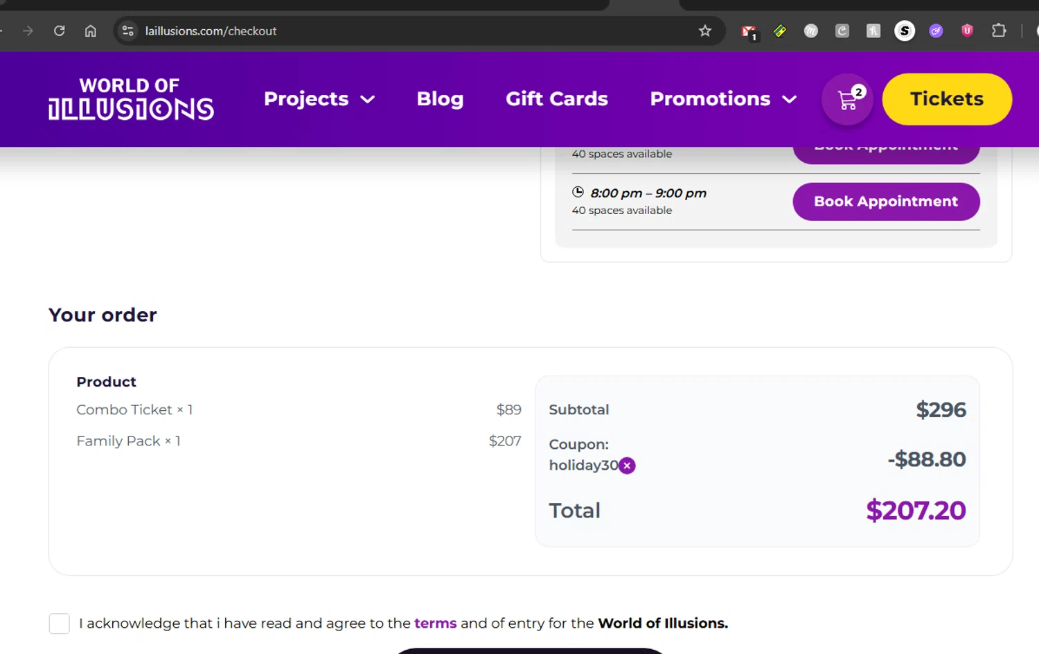 World of Illusions checkout page showing World of Illusions promo code box | Screenshot taken by SimplyCodes community member on Dec 4, 2025