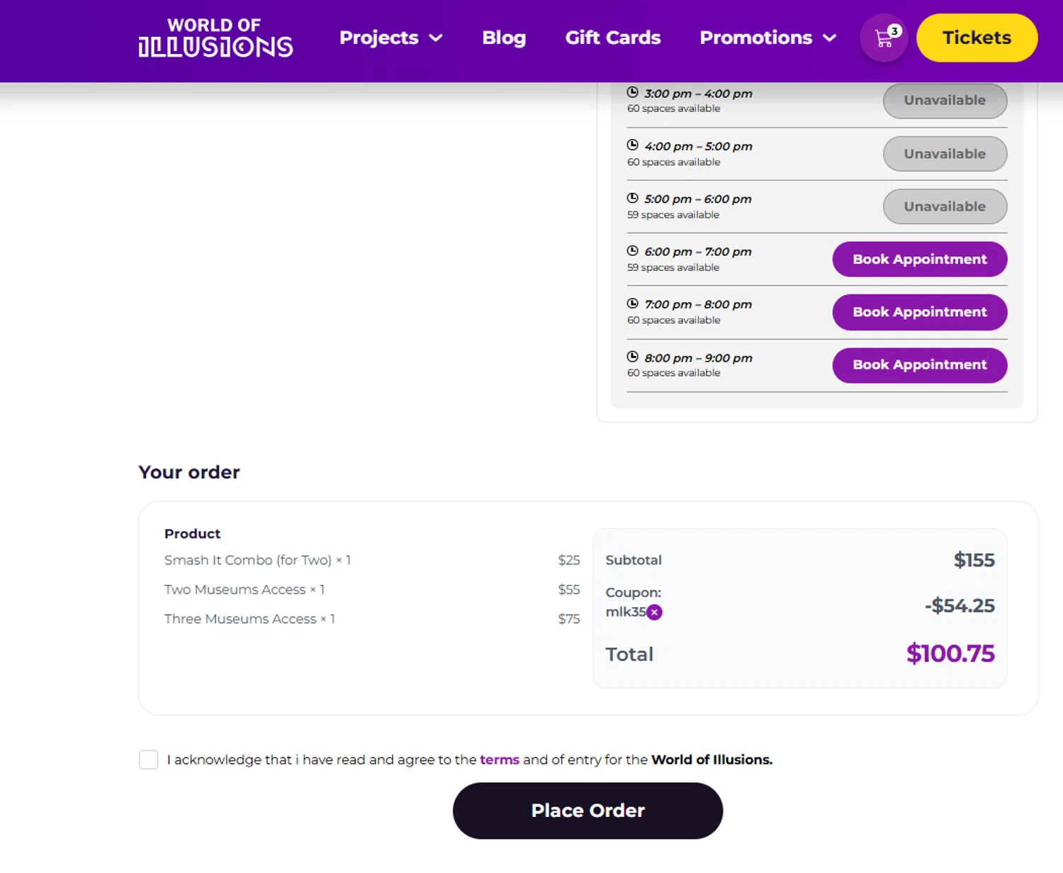 World of Illusions promo code screenshot showing code MLK35 applied at World of Illusions checkout page. Uploaded by SimplyCodes community member Dulce__ on Jan 18, 2026