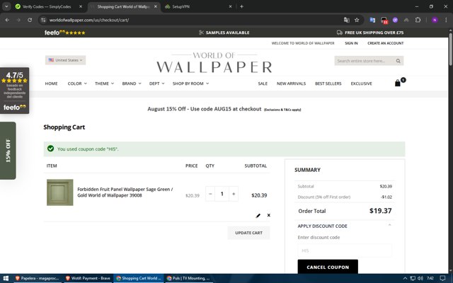 World of Wallpaper checkout page showing World of Wallpaper discount code box | Screenshot taken by SimplyCodes community member on Aug 16, 2025