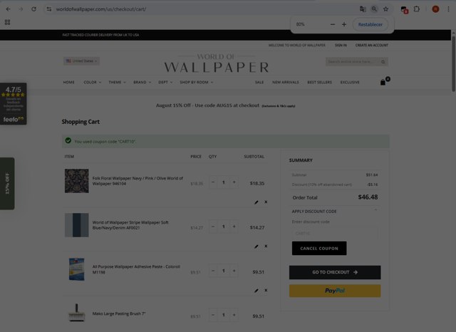 World of Wallpaper checkout page showing World of Wallpaper discount code box | Screenshot taken by SimplyCodes community member on Aug 12, 2025