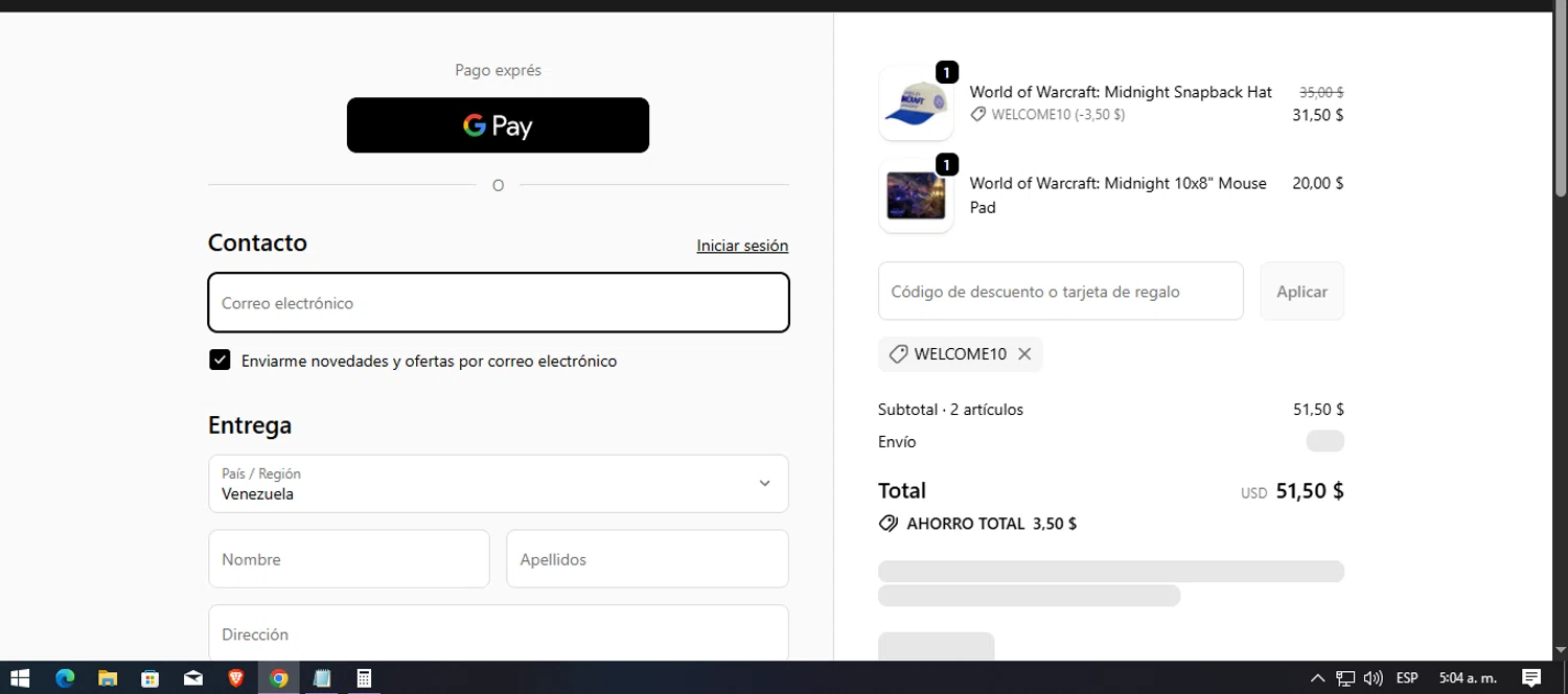 World of Warcraft discount code screenshot showing code WELCOME10 applied at World of Warcraft checkout page. Uploaded by SimplyCodes community member josegarcia6 on Oct 8, 2025