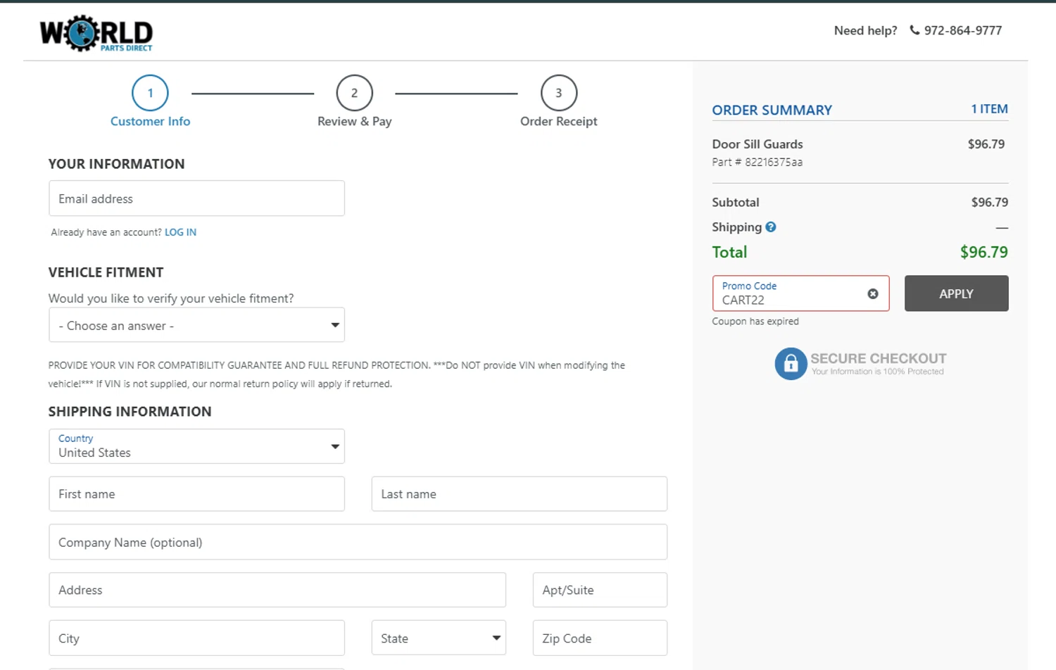 World Parts Direct promo code screenshot showing code CART22 applied at World Parts Direct checkout page. Uploaded by SimplyCodes community member SmartFinder4193 on Feb 17, 2025