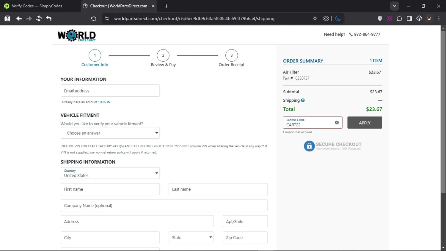 World Parts Direct promo code screenshot showing code CART22 applied at World Parts Direct checkout page. Uploaded by SimplyCodes community member PromoSpotter1784 on Mar 4, 2025