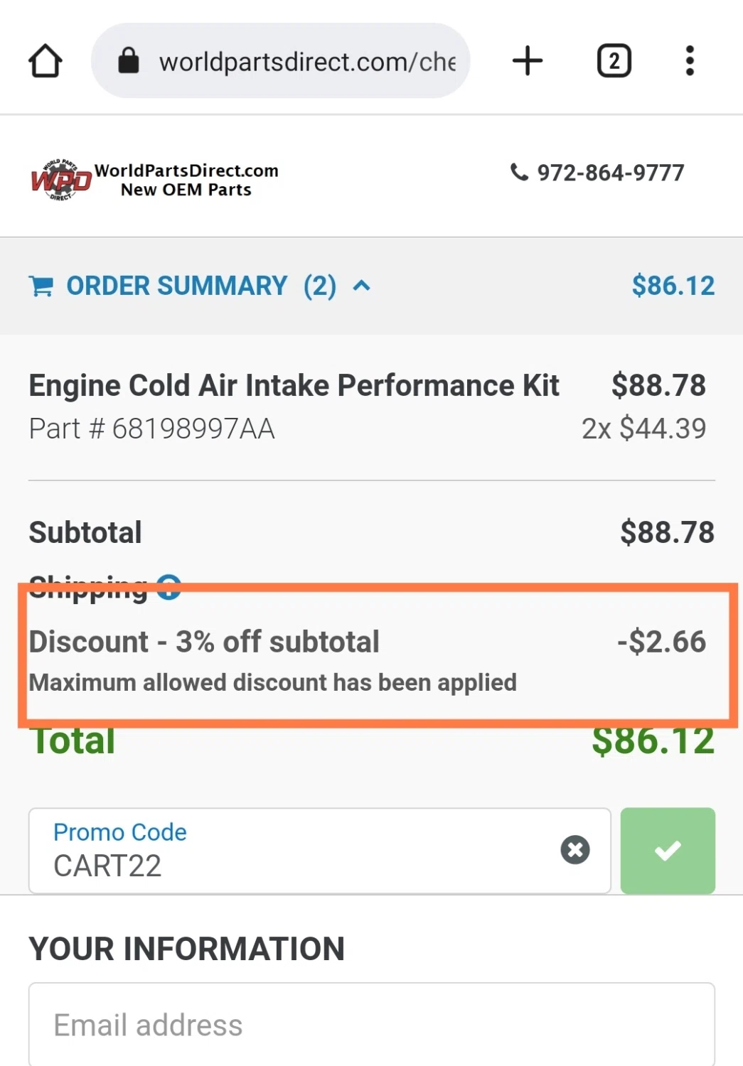 World Parts Direct checkout page showing World Parts Direct promo code box | Screenshot taken by SimplyCodes community member on Jul 13, 2022
