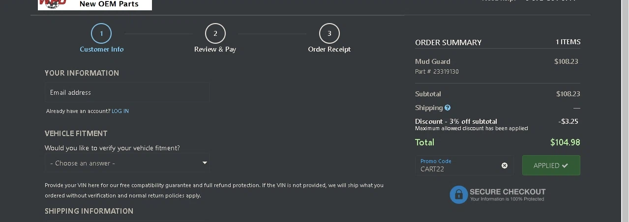 World Parts Direct checkout page showing World Parts Direct promo code box | Screenshot taken by SimplyCodes community member on Sep 10, 2022