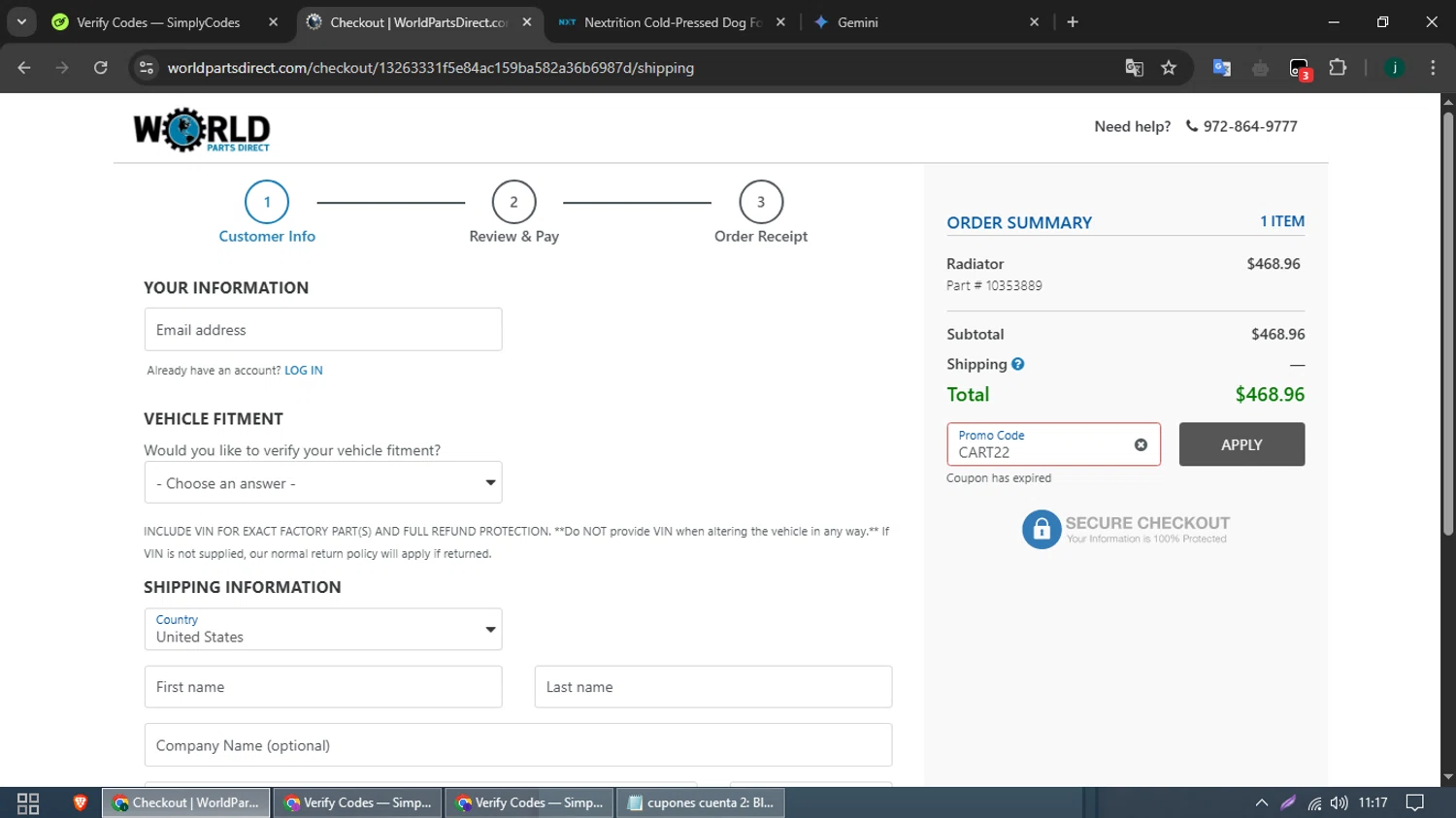 World Parts Direct promo code screenshot showing code CART22 applied at World Parts Direct checkout page. Uploaded by SimplyCodes community member TreasureSleuth109 on Mar 14, 2025