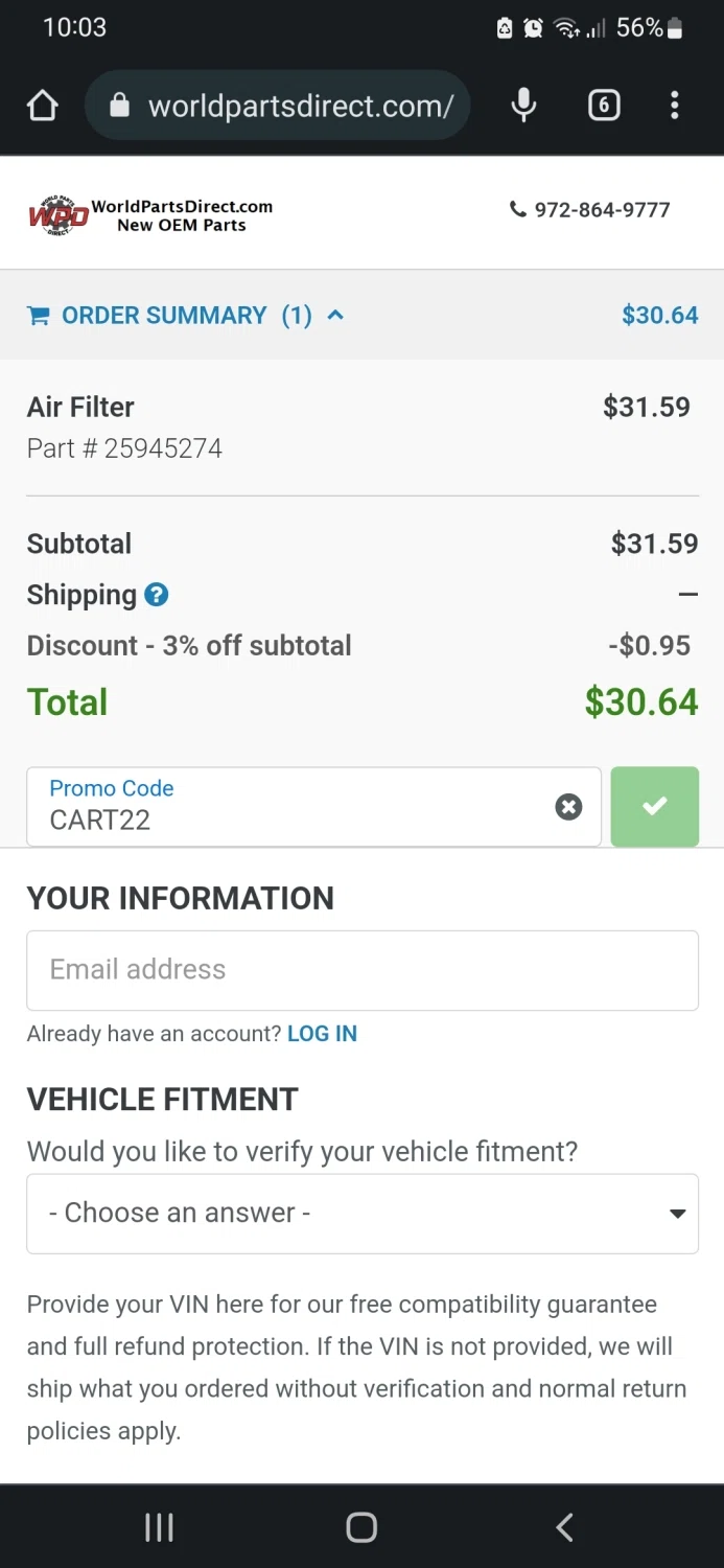 World Parts Direct checkout page showing World Parts Direct promo code box | Screenshot taken by SimplyCodes community member on Aug 12, 2022
