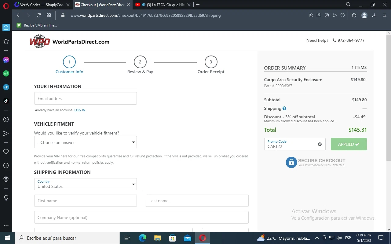 World Parts Direct checkout page showing World Parts Direct promo code box | Screenshot taken by SimplyCodes community member on Jan 5, 2023