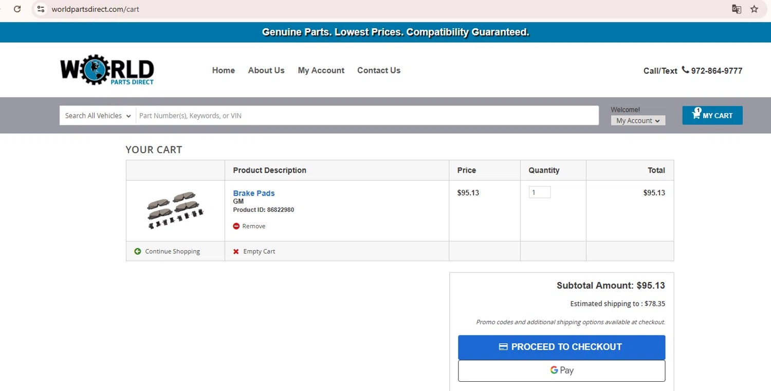 World Parts Direct checkout page showing World Parts Direct promo code box | Screenshot taken by SimplyCodes community member on Feb 17, 2025