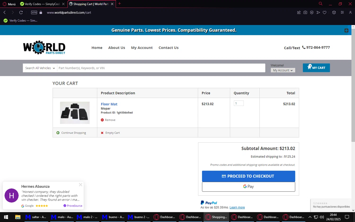 World Parts Direct checkout page showing World Parts Direct promo code box | Screenshot taken by SimplyCodes community member on Feb 25, 2025