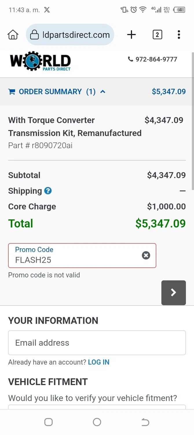 World Parts Direct promo code screenshot showing code FLASH25 applied at World Parts Direct checkout page. Uploaded by SimplyCodes community member asdfgh on Mar 28, 2025