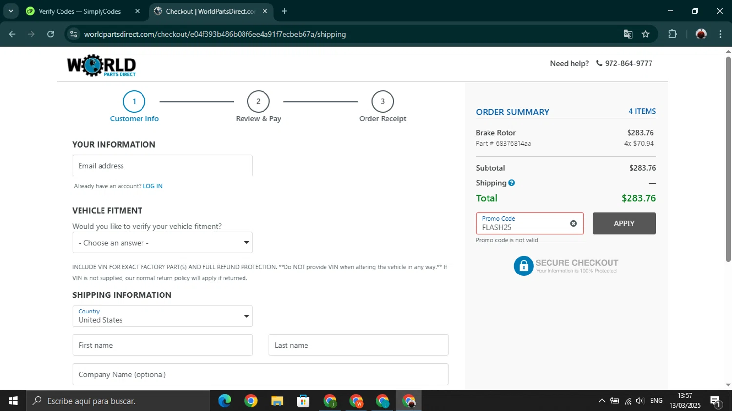 World Parts Direct promo code screenshot showing code FLASH25 applied at World Parts Direct checkout page. Uploaded by SimplyCodes community member youngonzalo on Mar 13, 2025