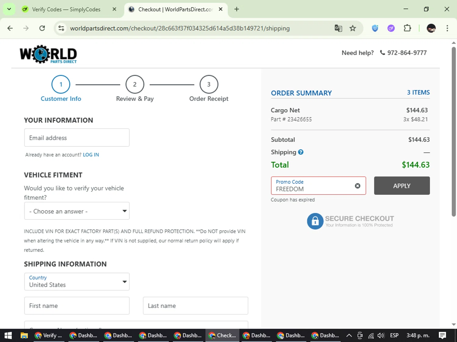 World Parts Direct promo code screenshot showing code FREEDOM applied at World Parts Direct checkout page. Uploaded by SimplyCodes community member WonderCurator791 on Jul 9, 2025